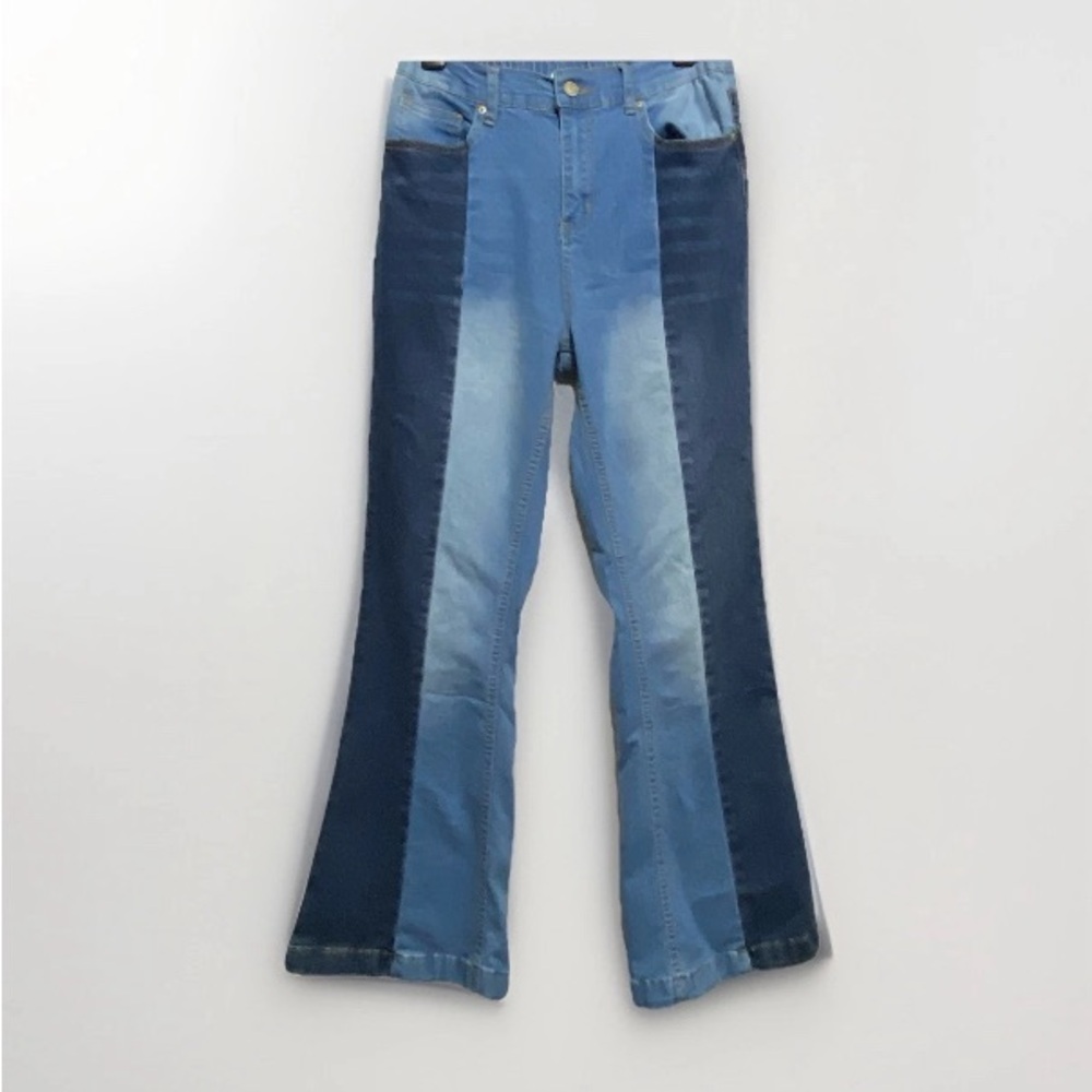 Vintage Style Womens Large Wide Leg Color Block Jeans Paneled Denim 2 Tone
